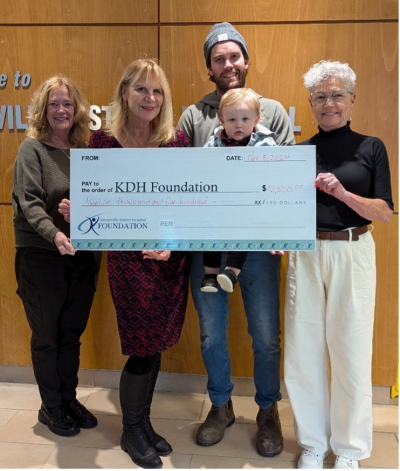 The Holmes family donated $12,500 to the CT Scanner Campaign from the Greg Holmes Memorial Golf Tournament held Sept. 20, 2024. Seen here (l-r) Joanne Mavis, KDH Foundation ED, Margret Norenberg, KDH Foundation Board Chair, Brett Holmes with son, Tate Holmes, and Kathy Holmes.