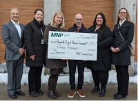 Attending the $15,000 cheque presentation from MNP LLP Community Fund to the KDH CT Scanner Campaign were (l-r): Frank Vassallo, KDH CEO, Kristy Carriere, KDH Foundation Coordinator, Margret Norenberg, KDH Foundation Board Chair, Shawn Mincoff, KDH Board Director and MNP LLP Partner and MNP LLP Partners Kayla Seipp and Natalie Schuler.