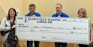 Pictured here (l-r): Kristy Carriere, KDH Foundation Co-ordinator, Lodge Officers Scott Lohnes and Gord Wyse, and KDH Foundation Executive Director, Joanne Mavis.