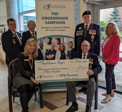 Seen here, (l-r) seated in the front row, Margret Norenberg, KDH Foundation Board Chair who holds the big cheque with Legion member, Doug Brunton. Standing (l-r) Legion members, Cathy Ouellete, Joanne Dudka and Aubrey Callan with Joanne Mavis, KDH Foundation ED. 